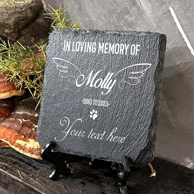 Personalized Individual Square Memorial Plaque + Stand for Pet Cat Dog Slate Stone Frame Paw Grave Marker - Size 3.94" x 3.94" or 100 x 100 mm - Custom Text