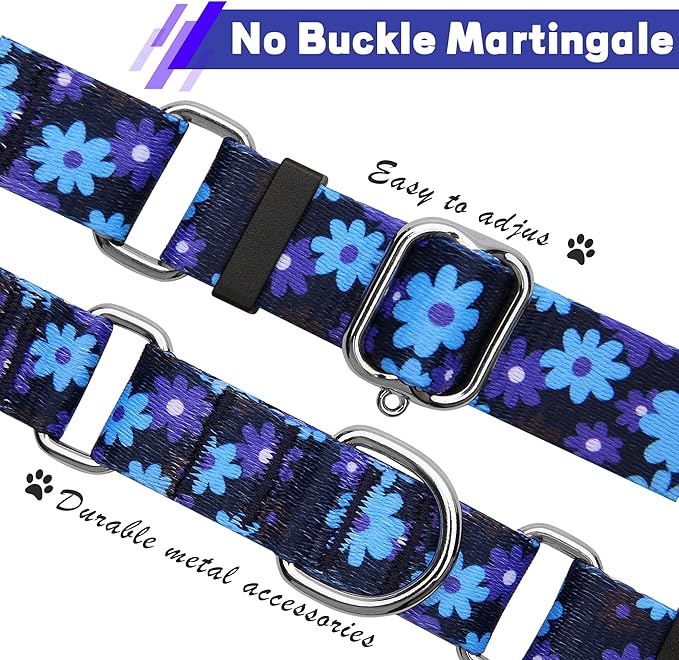 Hikiko Martingale Collar for Dogs with No Buckle Floral Dog Collars Soft Nylon No Slip Dog Collar for Large Dogs,Navy Blue Flower,L
