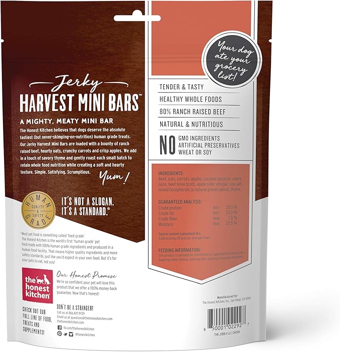 The Honest Kitchen Human Grade Dog Food Jerky Harvest Mini Bars: Beef Recipe With Carrots & Apples, 4 oz Bag