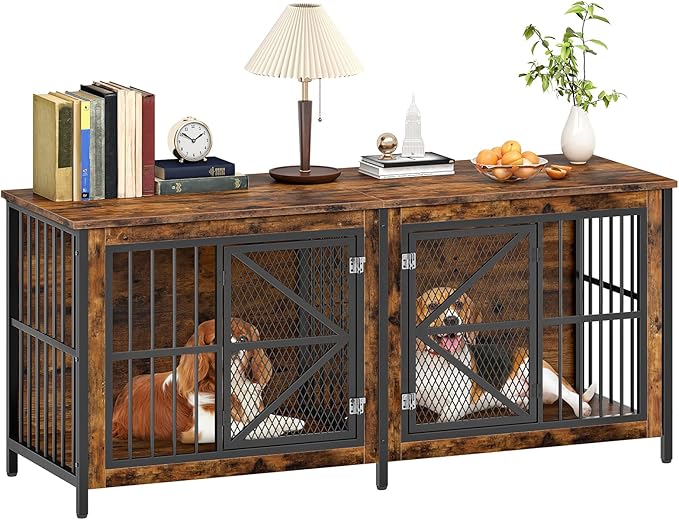 71 Inch Double Dog Crate Furniture for 2 Dogs, Wooden Dog Crate End Table for Medium/Large Dogs, Dog Kennel Furniture with Divider & Double Metal Doors, Rustic Brown and Black TGW02BF