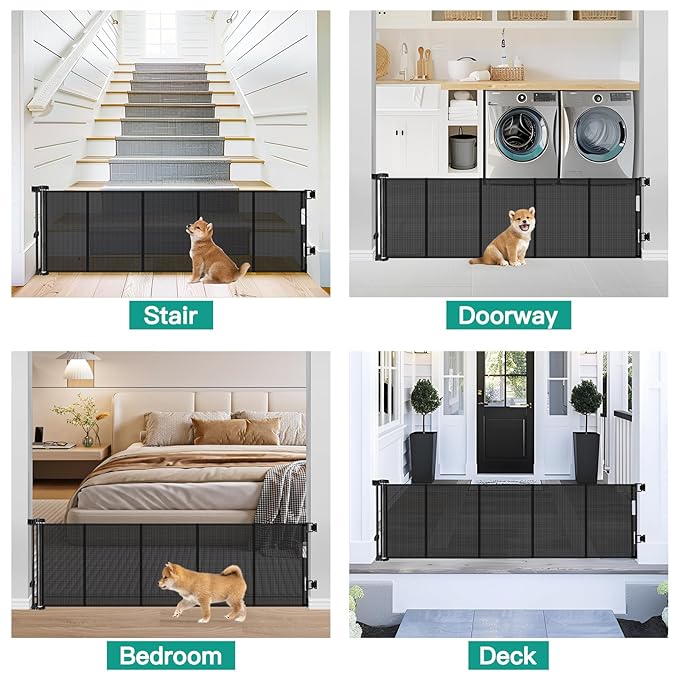 20 Inch Tall x 80 Inch Extra Wide Retractable Dog Gate to Step Over, Short Pet Gate for Doorways, Small Dog Gates Indoor Outdoor Puppy Gates for Stairs Short Mesh Gates for Large Openings (Black)