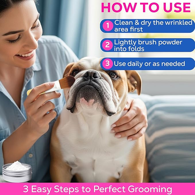 Bulldog Wrinkle Care Powder - Moisture & Odor Control Absorb Tears - Natural Soothing Formula with Arrowroot & Calendula - for Face Wrinkles, Skin Folds, Tail Pockets & Butt, with Face Brush- 50 g