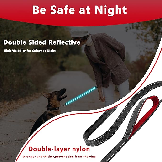 Dog Leash 4ft Long, Double Handle Dog Leash for Safety Control Training, Heavy Duty Dogs Leads with Traffic Padded Handles, Reflective Leashes for Small Medium Large Dogs(4ft, Black Red)