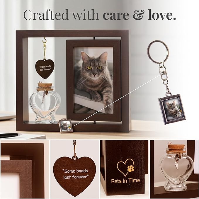 Pet Memorial Frame Set for Loss of Dog or Cat – Dog Memory Frame, Rotating Pet Memorial Photo Frame Shadow Box for Ashes, Cat Shadow Box Memorial, Engraved Charm & Photo Keychain – Pet Remembrance Keepsake