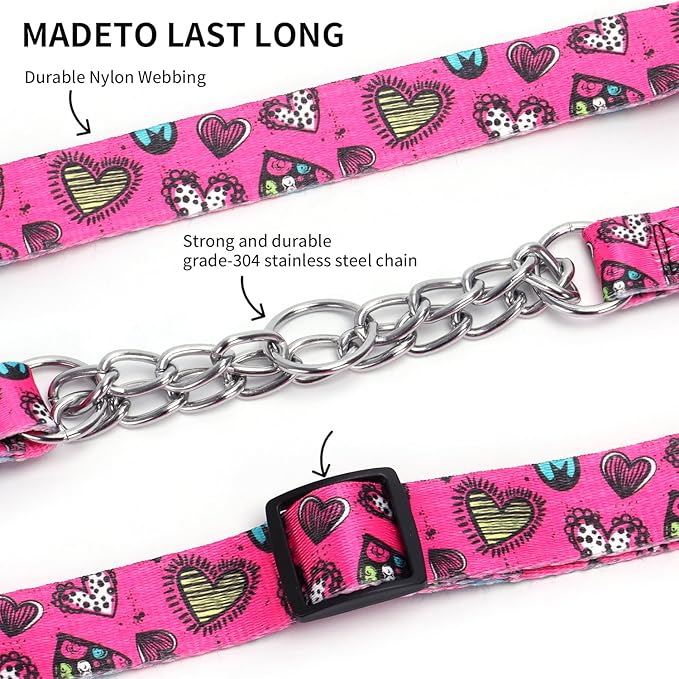 Martingale Dog Collar with Stainless Steel Chain - Limited Chain Cinch Training Collar for No Pull Training Dog - Flower Multicolor Cute Patterns - Premium No Slip Collar (HA12NO3, L)