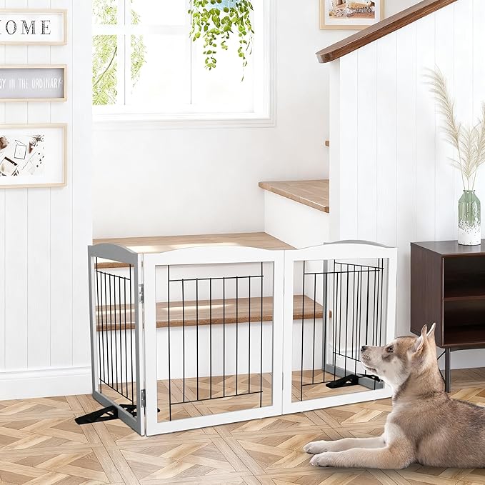 Dog Fence Indoor,Dog Gate Indoor for Doorway pet gate -3-Panel Freestanding, Hallways, House or Stairs -60x32-Inch Retractable Foldable Expandable Wood Pet by SFJC (White) ﻿