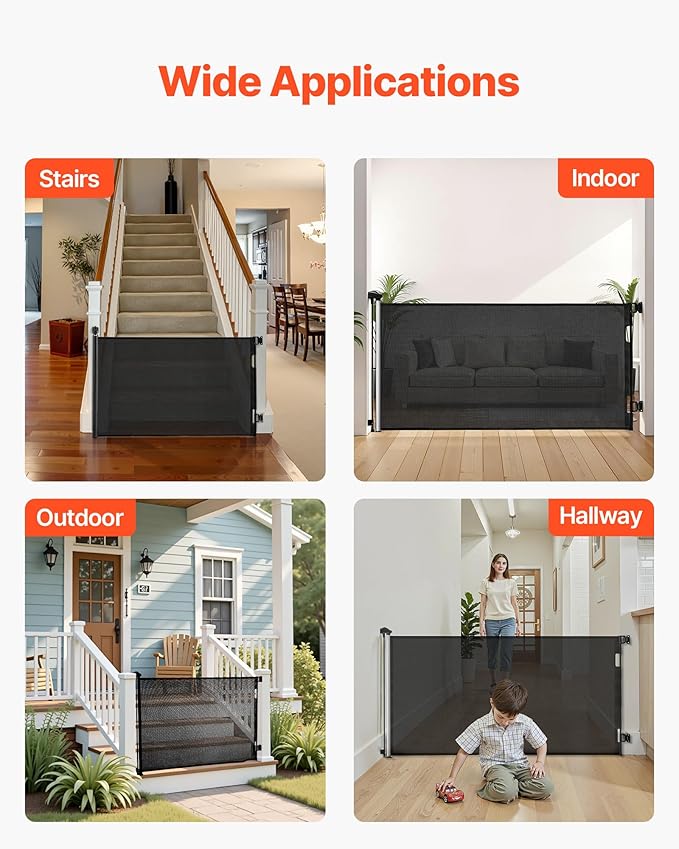 VEVOR Retractable Baby Gate, Extends to 72.8 inch Wide, 38.5 inch Tall, with Security Lock, Easy to Use, Walk Through Without Tripping, Mesh Dog Gate for Stairs, Hallways, Indoor/Outdoor, Black