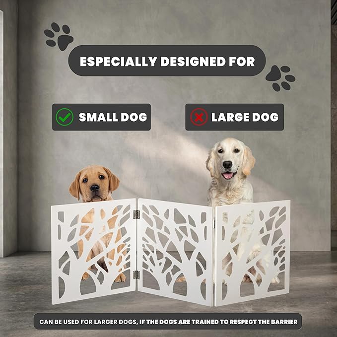 Safety Pet Gate for Dogs – Free-Standing & Foldable - Decorative Scroll Wooden Fence Barrier – Stairs & Doorways (White)