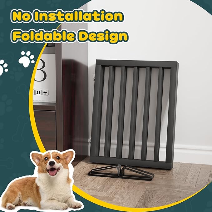 Semiocthome Solid Bamboo Dog Gate with 2 Stands, Freestanding Pet Gates for Doorways and Stairs, 24" Height-4 Panels Puppy Gate for the House, Fully Assembled Indoor Gate Adjustable Safety Fence-Black