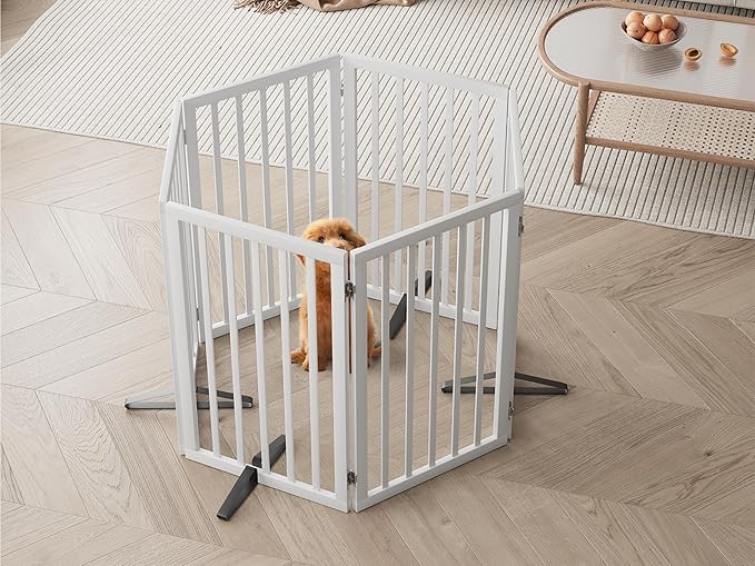 Freestanding Extra Wide Dog Gate Indoor, 6-Panel Wooden Pet Gate with 2 Metal Stands and 360°Hinge, Tall Dog Gates for Doorways, Stairs, Doorways, Kitchen, Foldable Safety Fence, 110"W x 32"H - White