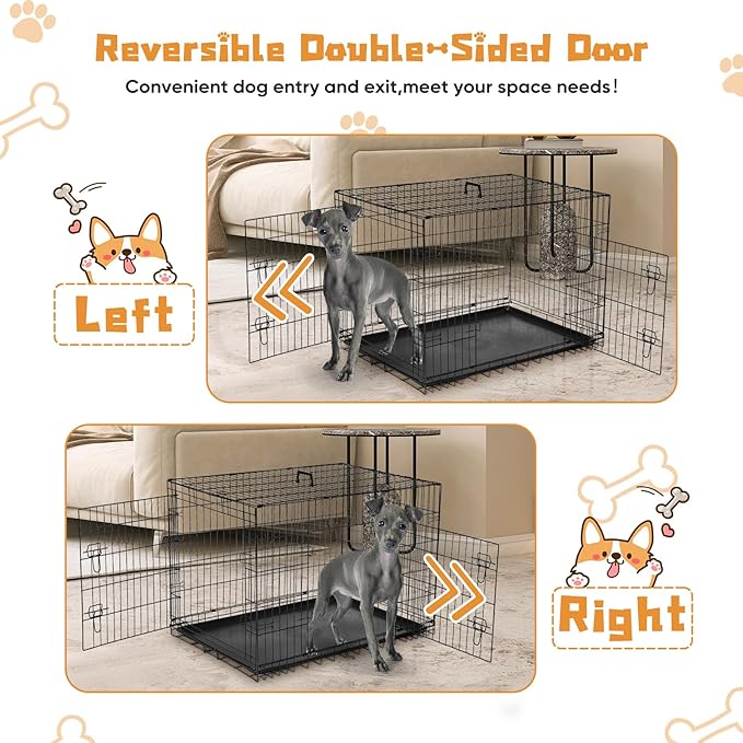DUMOS Dog Crate, 42 Inch Large Double Door Dog Cage with Plastic Leak-Proof Pan Tray, Folding Metal Wire Pet Kennel for Indoor, Outdoor, Travel