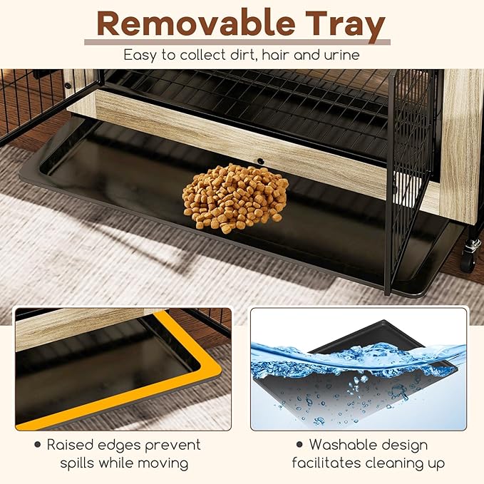PETSITE Portable Dog Crate Furniture, 38 Inch Wooden Dog Kennel Side Table with Flip-up Top, 3 Lockable Doors and Removable Tray, Ideal for Small to Medium Dogs (Grey)