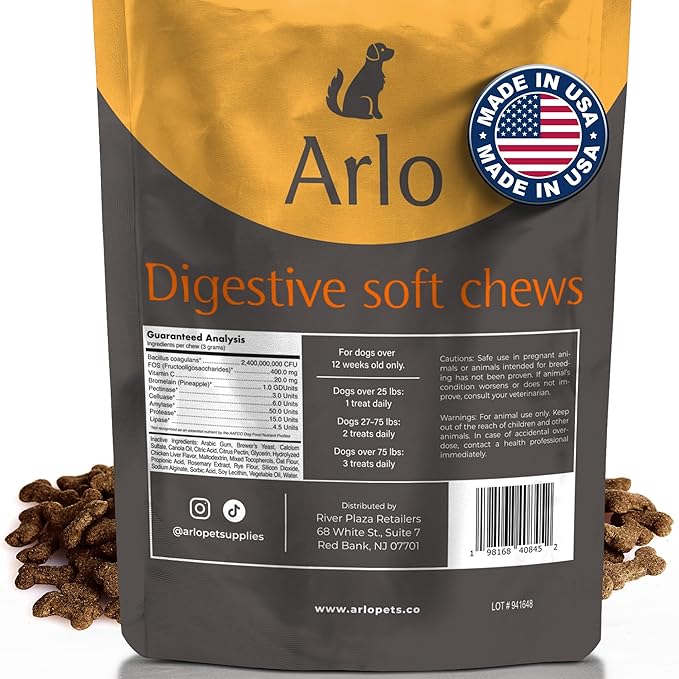 Arlo Pet Dog Digestive Supplement - 60 Soft Chews with Pre and Probiotics, Digestive Enzymes for Dogs, Organic Pet Treat with Vitamin-C, and 2.4B CFU Bacillus Coagulans