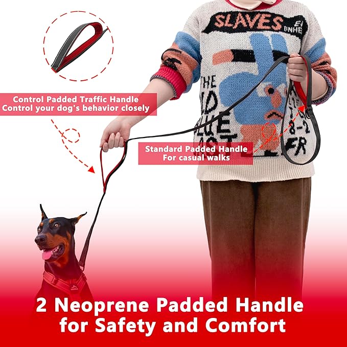 Dog Leash 5ft Long, Double Handle Dog Leash for Safety Control Training, Heavy Duty Dog Leads with Traffic Padded Handles, Reflective Leashes for Small Medium Large Dogs(5ft, Black Red)