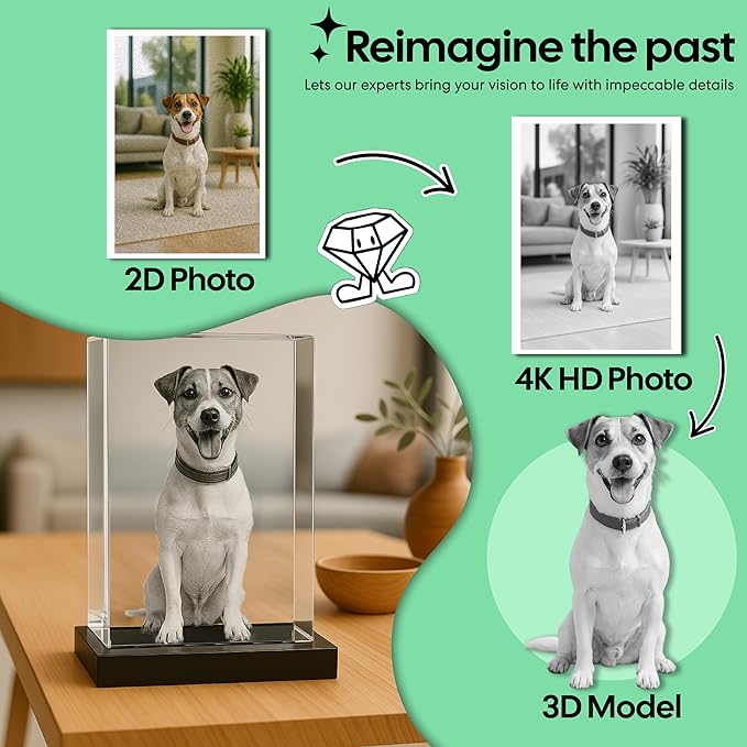 Monume 3D Pet Memorial Frame (3.6"x2.6") – Laser Engraved 3D Crystal Photo Made from Clear-Cut Crystal Glass – Custom Dog Memorial Gifts for Remembrance Keepsake of Dog or Cat