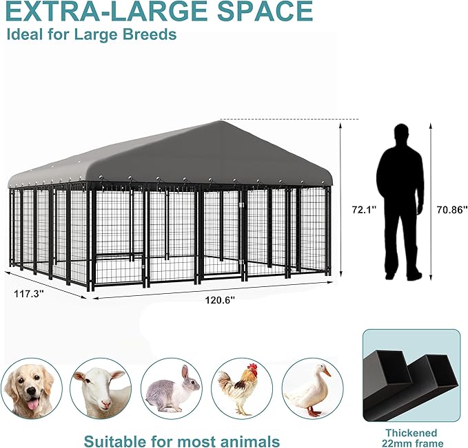 119"x119" Dog Kennel Outside, Large Outdoor Dog Kennel with Feeding Door and Double Lock, Heavy-Duty Weatherproof Dog Cage and Dog Fence with Roof, Outdoor House Playpen for Large Dogs, Easy Assembly