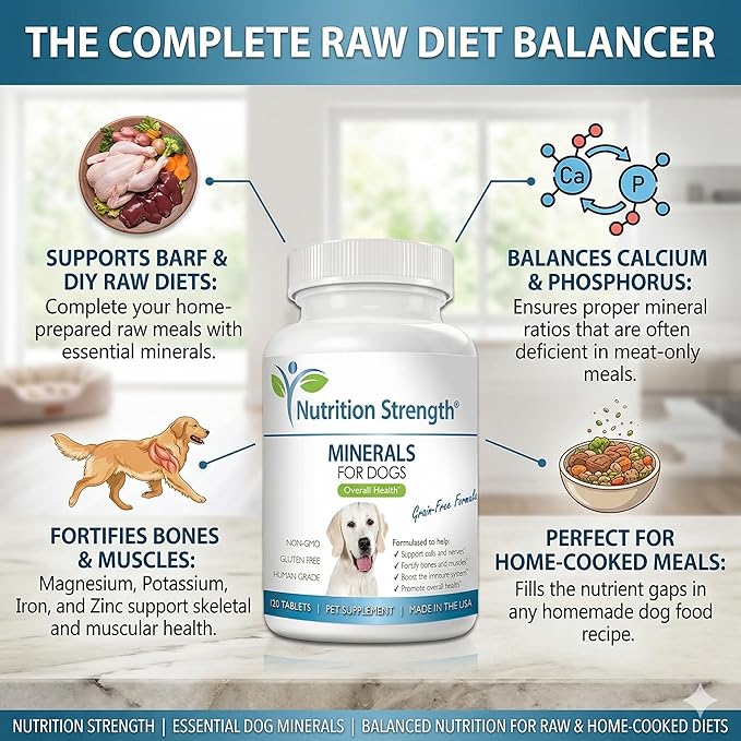 Dog Minerals & Electrolytes - Essential Raw Diet Balancer & Senior Dog Vitality Support - Calcium, Magnesium, Zinc, Iron & Selenium for Bone, Muscle & Nerve Health - 120 Tablets