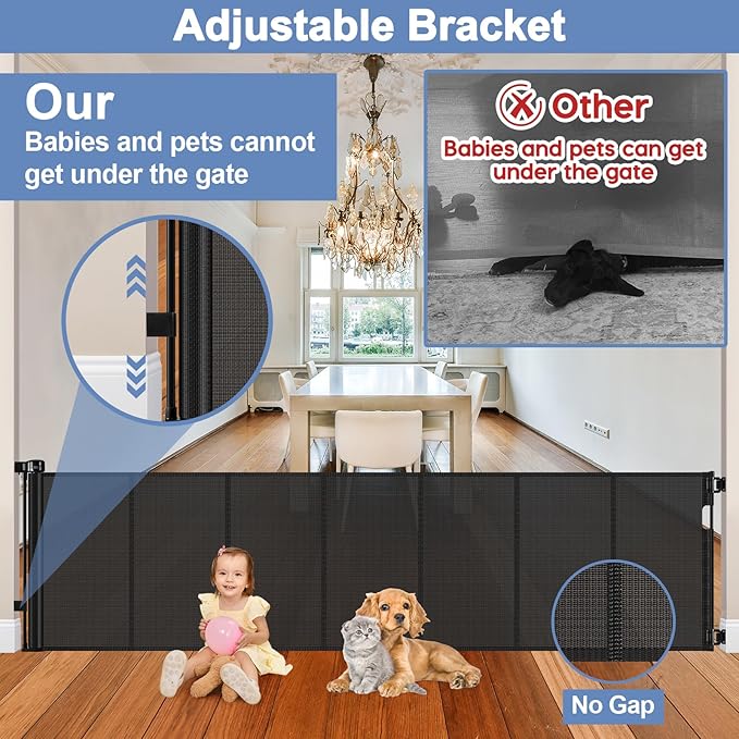 Reinforced 120 Inch Extra Long Retractable Dog Gates for Doorways Extra Wide Pet Gate Indoor 10 Ft Retractable Baby Gates for Dogs 33 Inch Tall Mesh Baby Gate Long with Reinforced Strips, Black