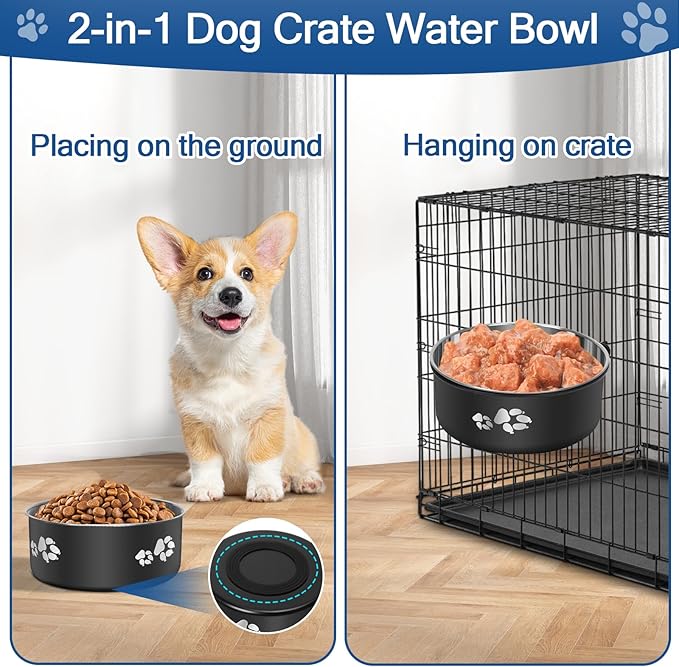 2-in-1 Dog Crate Water Bowl Hanging,2 Pack Stainless Steel Water Food Bowl No Spill for Crate Cage,Kennel Bowls Mountable Dog Dish Feeder Coop Cup with Non-Slip Base for Dogs Cats Bunny Ferret Bird