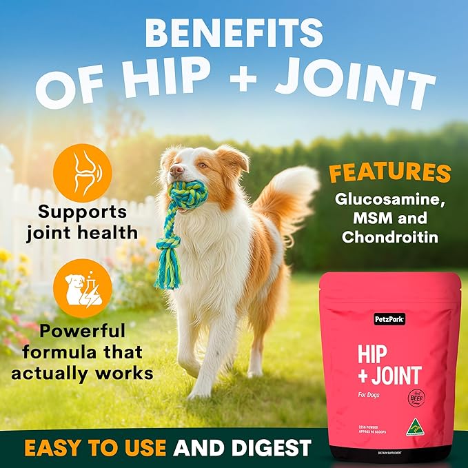 Petz Park Hip + Joint for Dogs 45 Scoops, Glucosamine for Dogs with Chondroitin and MSM, Dog Hip and Joint Supplement for Mobility Support, Dog Food Topper Powder for Joint Health and Flexibility