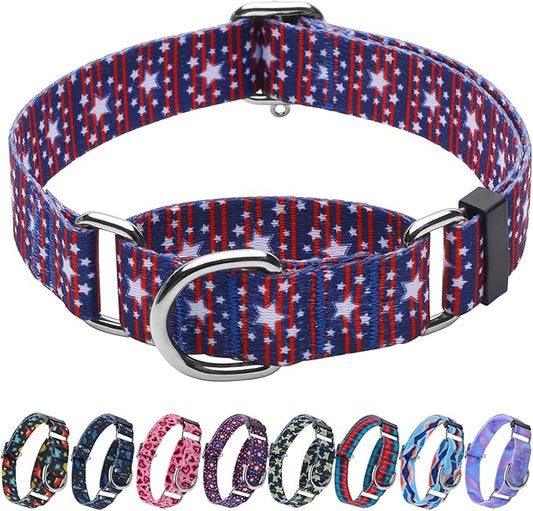 Hikiko American Flag Martingale Collar with No Buckle Soft Nylon Dog Collar for Small Dogs,Blue Star Stripe,S