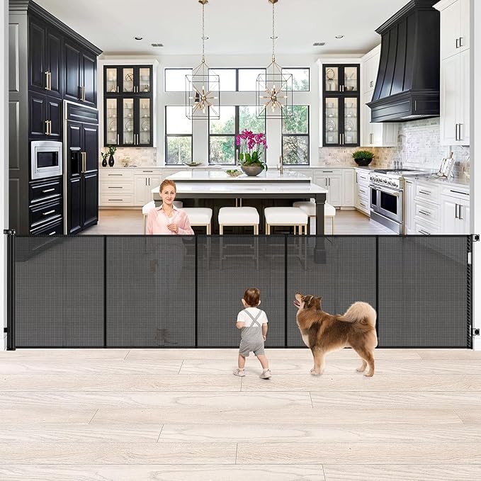 42 Inch Extra Tall Baby Gate 120 Inch Extra Wide Retractable Baby Gates for Large Openings, Upgraded Retractable Gate Keeps Pets from Getting Under Tall Pet Gate, Indoor/Outdoor Long Dog Gate