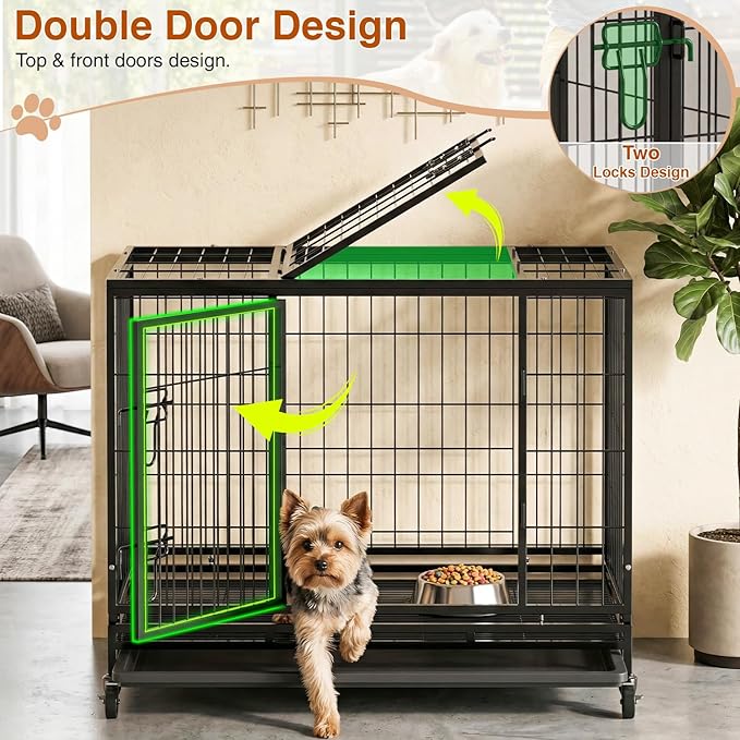 BestPet 36 Inch Heavy Duty Dog Crate, Indestructible Escape-Proof Kennel with Double Door & Removable Tray for Medium to Large Dogs,Black