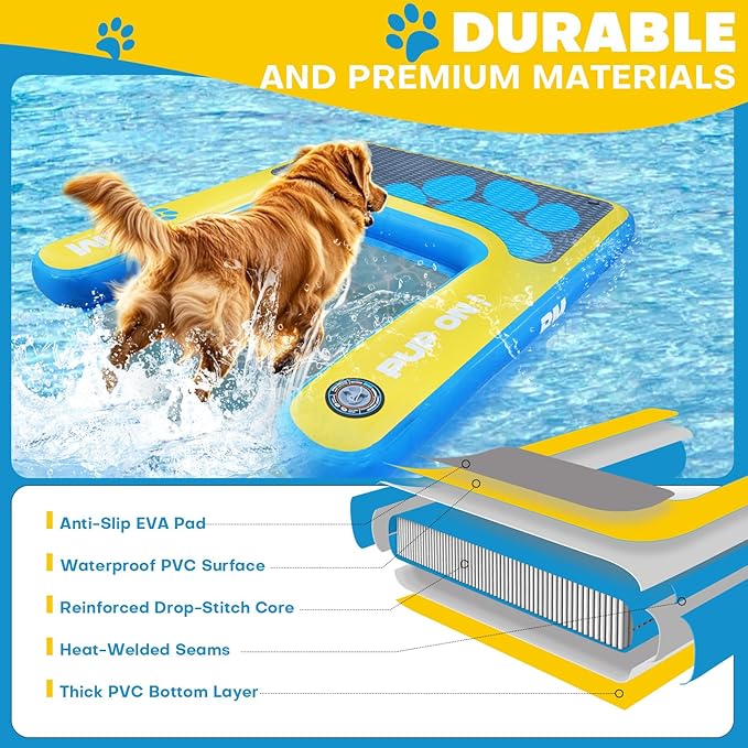 Beyond Marina Dog Pool Ramp - Inflatable Dog Water & Boat Ramp for Lake, Floating Pontoon Dock Ladder with Non-Slip EVA, PUP ON Standard, Extra Large 47" x 39" x 6", Blue/Yellow, Supports 200 lbs