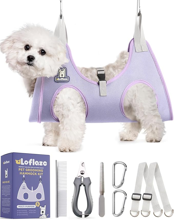 Dog Grooming Hammock Harness for Dogs & Cats with Pet Nail Clipper Trimmer - Cat Hanger Sling for Trimming Clipping Nails- Dog Hammock Restraint Bag for Small Medium Large pet （ Purple S）