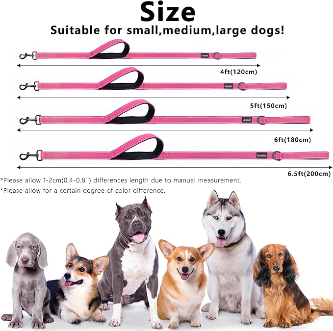 Dog Leash 6ft Long, Double Handle Dog Leash for Safety Control Training, Heavy Duty Dog Leads with Traffic Padded Handles, Reflective Leashes for Small Medium Large Dogs(6ft, Hotpink)