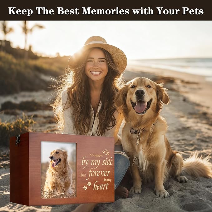 Pet Urns for Dogs or Cats Ashes with Photo Frame, Wooden Memory Box for Keepsakes with Black Flannel as Lining, Pet Memorial Gifts for Dogs (Brown X-Large)