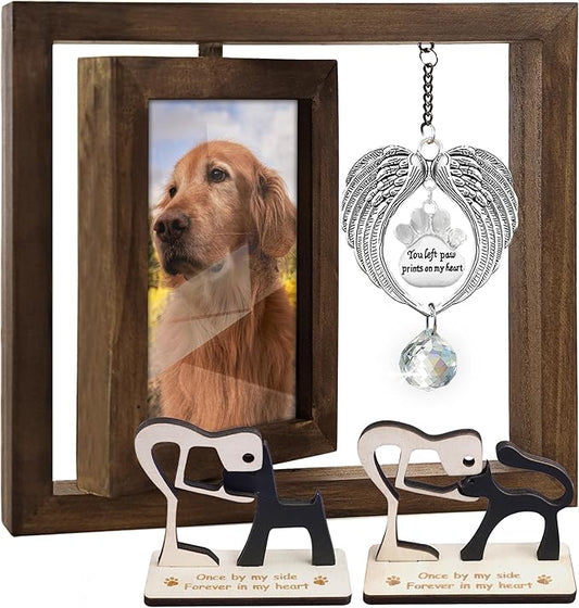 Pet Memorial Rotating Wooden Picture Frame with 4x6 Photo, Dog Cat Angel Wings Sympathy Ornament Crystal Rainbow You Left Pawprints on My Heart, Dog Bereavement Remembrance Gifts In Loving Frame PR-4R