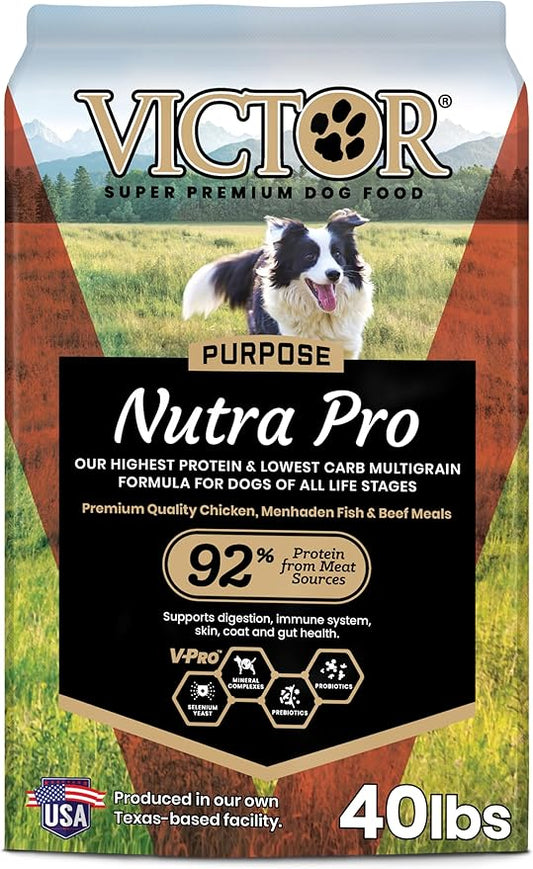 VICTOR Super Premium Dog Food – Purpose Nutra Pro – Gluten-Free, High Protein Low Carb Dry Kibble for Active Dogs of All Ages – Ideal for Sporting, Pregnant or Nursing Dogs & Puppies, 40lbs