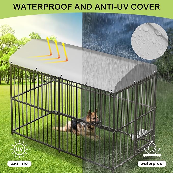 8x4x6 ft Heavy-Duty Outdoor Dog Kennel with Lockable Roof & Cover - All-Weather Large Dog Cage Kennel for Medium & Large Dogs, Waterproof Pet Enclosure