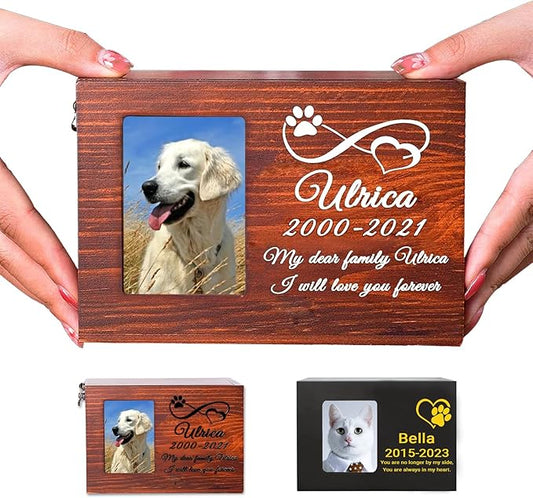 Custom Pet Wood Urn with Print Name Date and Text, Personalised Wood Pet Urn/Ashes Casket with Photo Slot, Custom Pet Urn Souvenir Wood Box for Dog Cat Rabbit and Bird (Print)
