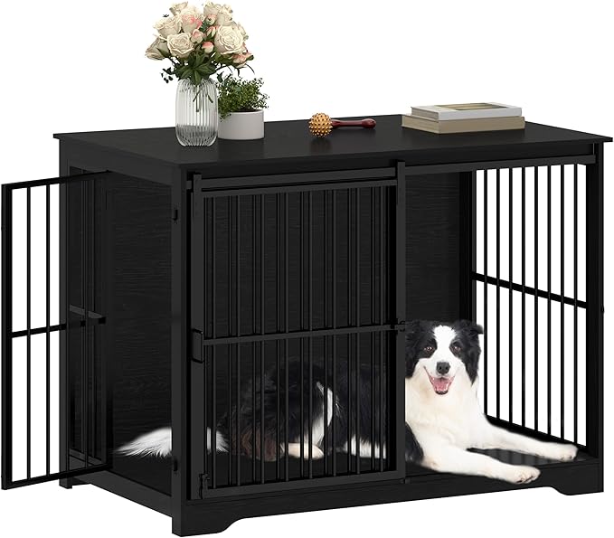 XXL Large Dog Crate Furniture, 46.9" Indoor Dog Kennel Furniture with Barn Door, Wooden Tall Dog Crate, Heavy Duty Dog Cage for Large Dogs, Side End Table, Anti-Chew, Black DFC83804B