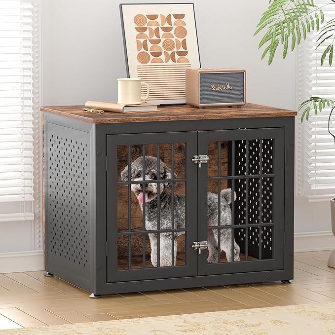 32" Heavy Duty Dog Crate Furniture for Small and Medium Dogs, Metal Kennel for High Anxiety Dogs, Chew Proof Pet Cage Indoor, Decorative Dog Kennel End Table