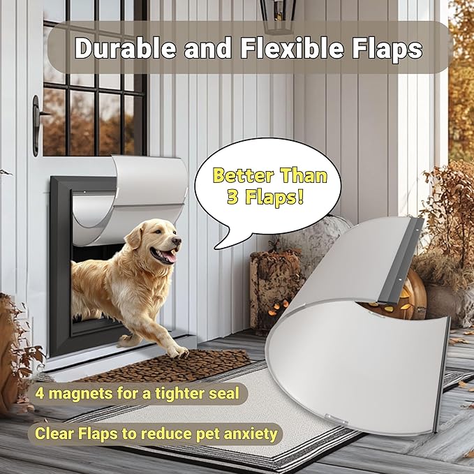 Large Dog Door for Exterior Doors, Cutout Size 12.2''W x 18''H, Heavy Duty Double Flap for Extreme Weather, Energy-Efficient, Easy to Assemble, Lockable Panel Included, Black (L)
