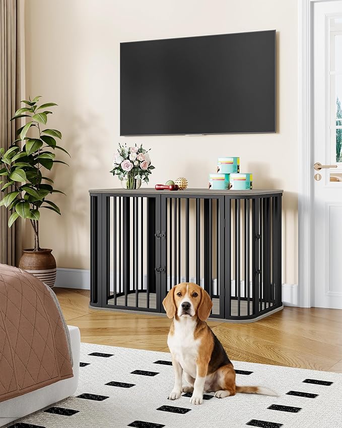 39.4'' Dog Crate Furniture, L Indoor Dog Kennel Dogs Cage, Modern Decorative Pet House for Small/Medium/Large Dogs, Anti-Chew & Anti-Escape, Kennel End Side Table, Greige Black DFC88705B