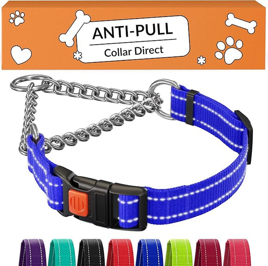 CollarDirect Martingale Dog Collar with Stainless Steel Chain and Quick Release Buckle - Reflective Collar for Large, Medium, Small Dogs - Blue, Large (Neck Size 17"-22")