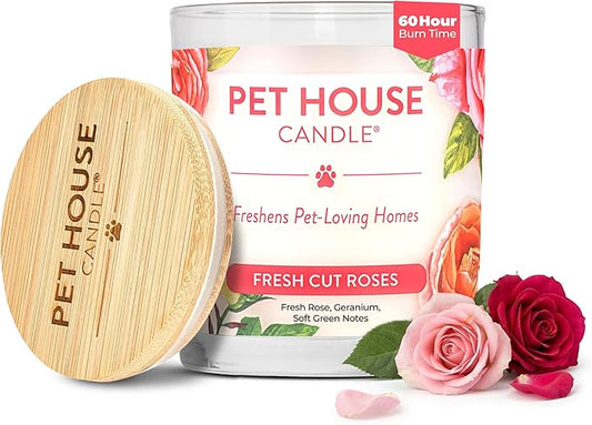 Pet House Candles, Clean Long-Burning, Scented Pet Friendly Candles, Plant-Based, 60 Hour Burn Time - Fresh Cut Roses, 9 oz