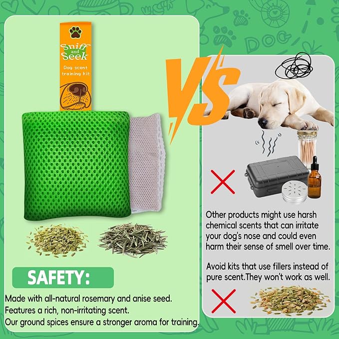 Dog Scent Training Kit – Fun Nosework Brain Games for Dogs – Encourage Calmness, Build Bond, All Ages & Breeds – 6 Scent Pouches with Fennel & Rosemary, Snap Hooks & Step-by-Step Training Guide
