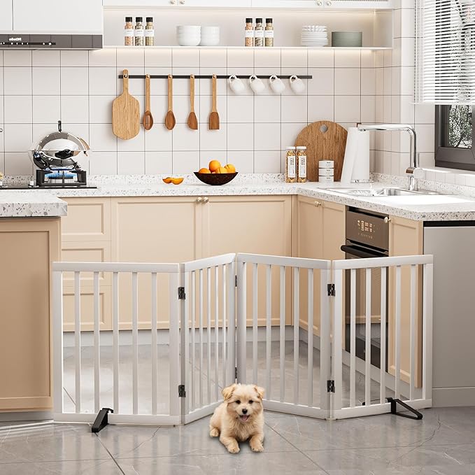 Semiocthome Bamboo Dog Gate with 2 Stands, Freestanding Puppy Gate for Doorways & Stairs - 24" Height, 4 Panels, Adjustable White Safety Fence