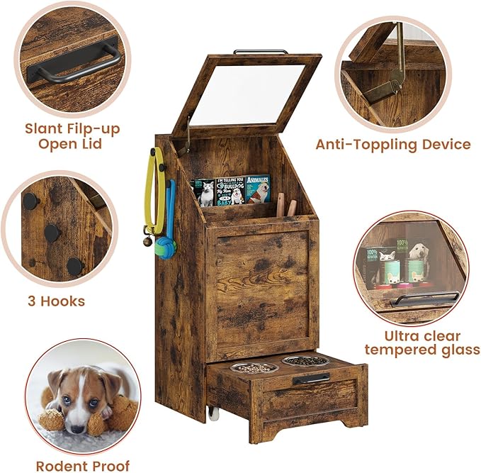 Dog Feeding Station, with Pet Feeding Station,Flip Top Dog Food Storage Cabinet, 2 Elevated Bowls, Includes 3 Hooks for Accessories – Space-Saving Design, Brown