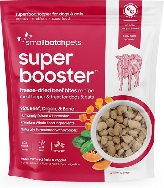 smallbatch Freeze Dried Dog Treats, Superfood Food Topper Beef Bites for Dogs & Cats, Probiotics, Organic Ingredients, High Protein, Grain Free Healthy Treat Food Topper, Made in the USA, 7 oz Bag