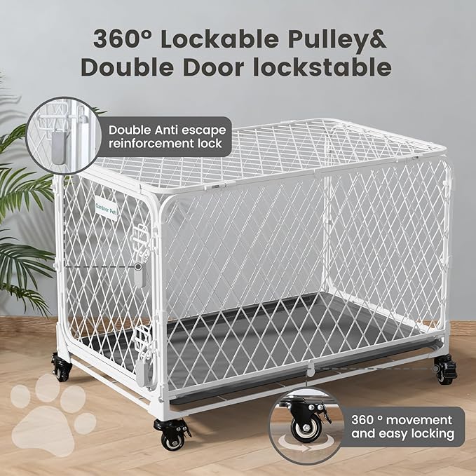 36 Inch Collapsible Dog Crate with Diamond Mesh, No-Tool Assembly Foldable Dog Kennel with 4 Lockable Wheels,Removable Tray,Portable Dog Cage for Medium/Large Dogs, Space-Saving, Indoor Outdoor Use