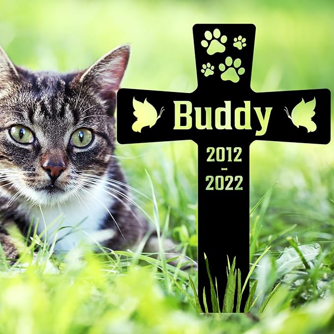 Custom Pet Paws Dog Memorial Cross Grave Marker, Personalized Pet Metal Memorial Stake for Cemetery Yard, Sympathy Grave Marker for Dog with Paws, Memorial Plaque Cemetery Garden Stake