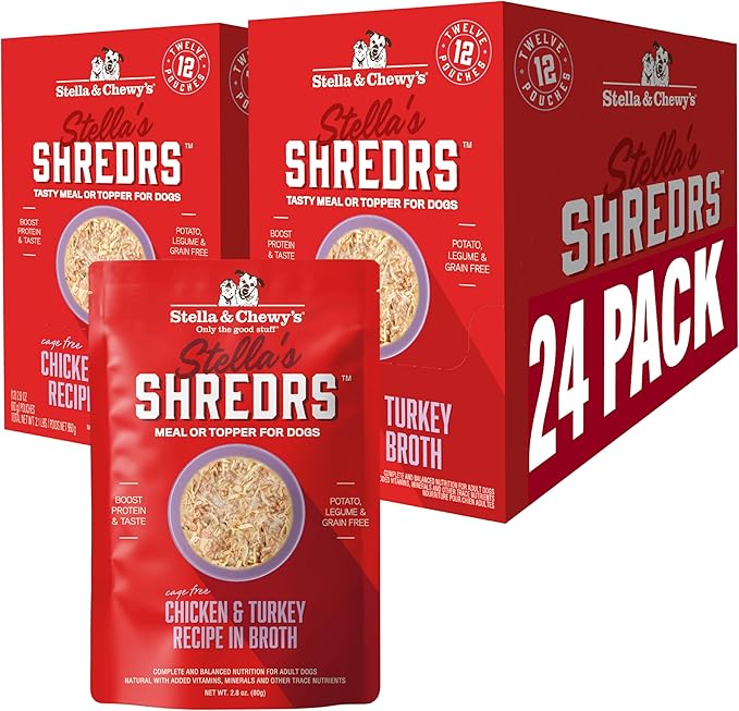 Stella & Chewy's Cage Free Chicken & Turkey Shredrs - Premium Dog Food Pouches - Perfect For Picky Eaters - 24 Pack, 2.8oz Each