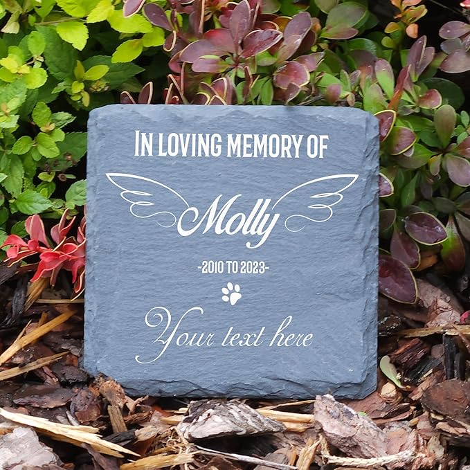 Personalized Individual Square Memorial Plaque + Stand for Pet Cat Dog Slate Stone Frame Paw Grave Marker - Size 3.94" x 3.94" or 100 x 100 mm - Custom Text