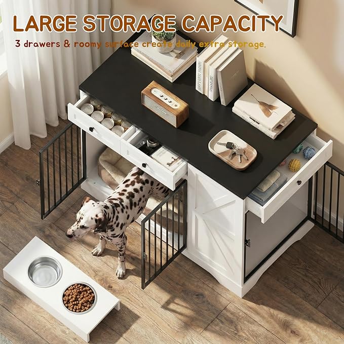 43.3" Dog Crate Furniture with Storage, Large Dog Kennel with 3 Drawers & 2 Feeding Bowls, Indoor Decorative Dog Cage for Large/Medium Dogs